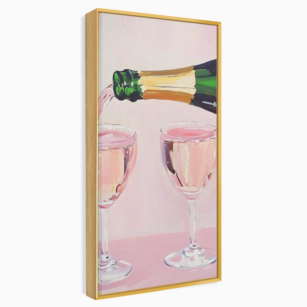 Tablou canvas cu pictura cu sticla si pahare de sampanie roz, in rama de aluminiu auriu